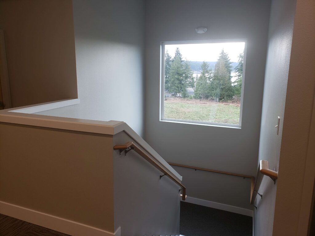 New stairwell to main level at Church in Allyn after Commercial Renovation