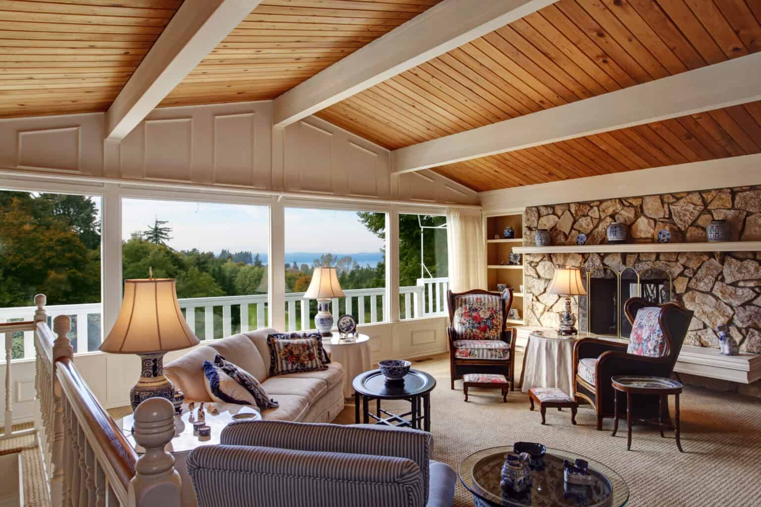 old fashion living room interior with rocky fireplace
