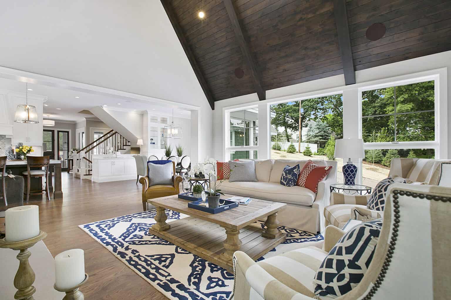 dark rich wood vaulted ceiling in newly constructed home