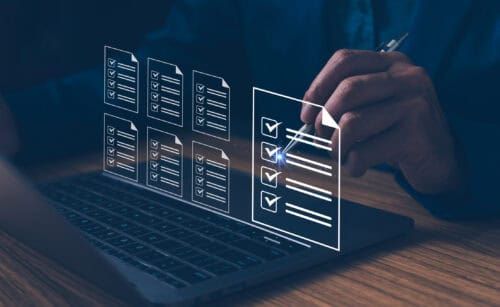 digital checklist on a laptop screen, concept of productivity and technology in business. checklist and clipboard task management, online survey form completion corporate business technology.